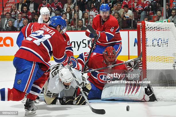 Jaroslav Halak of Montreal Canadiens blocks a shot of Maxime Talbot of the Pittsburgh Penguins in Game Six of the Eastern Conference Semifinals...