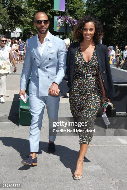 Marvin Humes and Rochelle Humes seen arriving at Wimbledon Day 1 on July 2, 2018 in London, England.