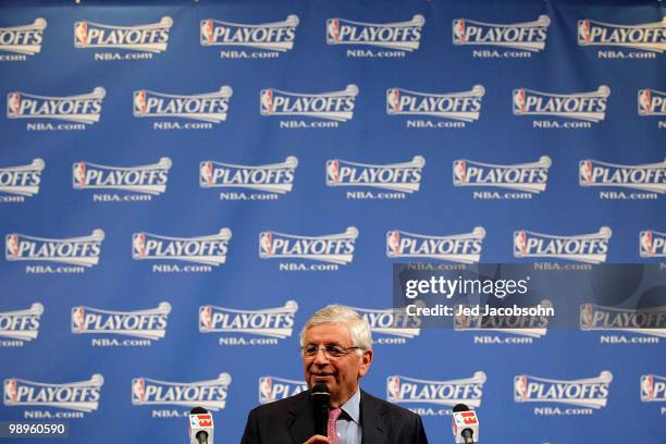 Commissioner David Stern speaks to the media prior to the Los Angeles Lakers and the Utah Jazz Game Four of the Western Conference Semifinals of the...