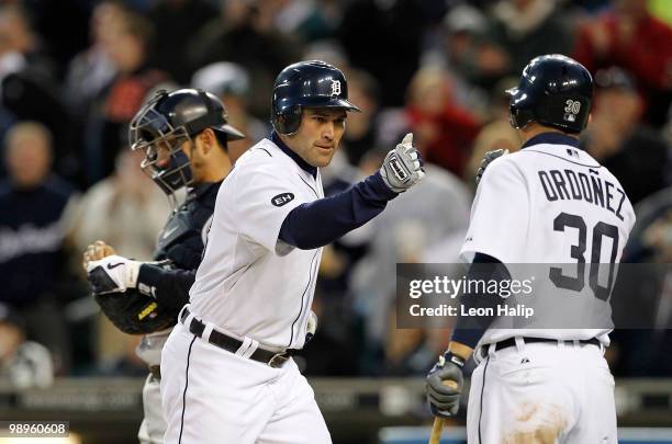 Johnny Damon of the Detroit Tigers hits a solo home run in the fifth inning to give the Tigers a 4-2 lead over the New York Yankees during the game...