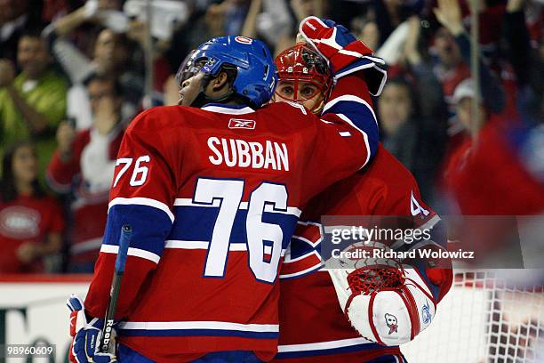 Subban congratulates Jaroslav Halak of the Montreal Canadiens after defeating the Pittsburgh Penguins in Game Six of the Eastern Conference...