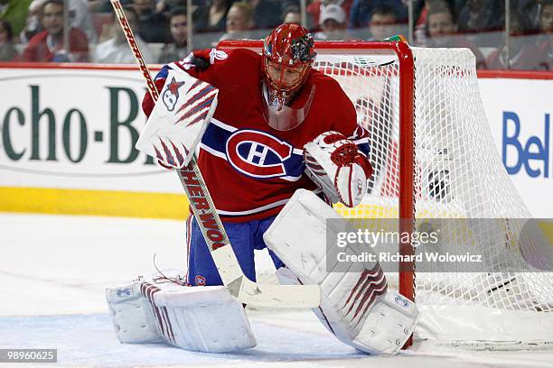 Jaroslav Halak of the Montreal Canadiens stops the puck in Game Six of the Eastern Conference Semifinals against the Pittsburgh Penguins during the...