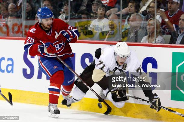 Josh Gorges of the Montreal Canadiens body checks Evgeni Malkin of the Pittsburgh Penguins in Game Six of the Eastern Conference Semifinals during...