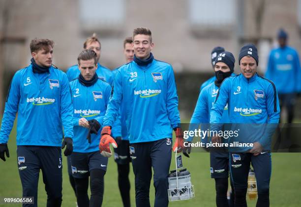 Hertha's Jonathan Klinsmann and his team mates arrive for the training of Hertha BSC at the Olympia park stadium in Berlin, Germany, 02 January 2018....