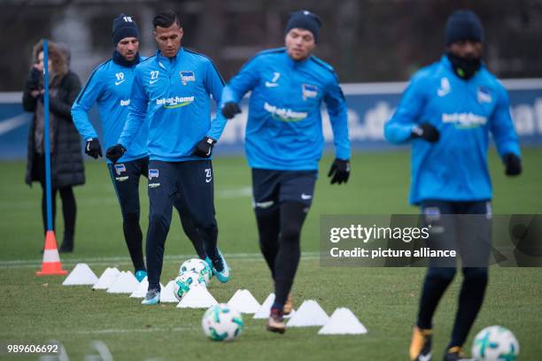 Hertha's Vedad Ibisevic, Davie Selke, Alexander Esswein and Salonon Kalou during the training of Hertha BSC at the Olympia park stadium in Berlin,...