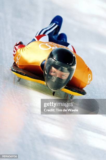 Winter Olympic Games : Salt Lake City, 2/17/02, Park City, Utah, United States --- Jim Shea Heads Down The Course During Training Runs In Men'S...