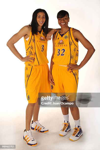 Candace Parker and Tina Thompson of the Los Angeles Sparks pose for a photo during WNBA Media Day at St. Mary's Academy on May 10, 2010 in Inglewood,...