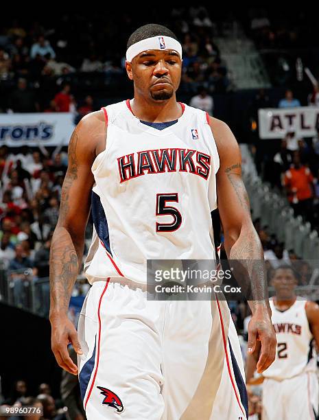 Josh Smith of the Atlanta Hawks reacts during Game Four of the Eastern Conference Semifinals of the 2010 NBA Playoffs against the Orlando Magic at...