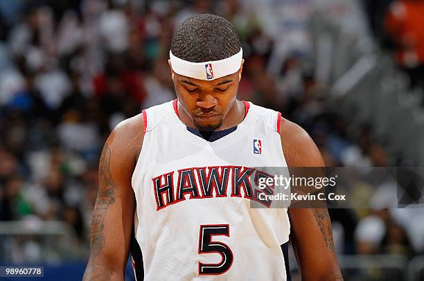 Josh Smith of the Atlanta Hawks reacts during Game Four of the Eastern Conference Semifinals of the 2010 NBA Playoffs against the Orlando Magic at...