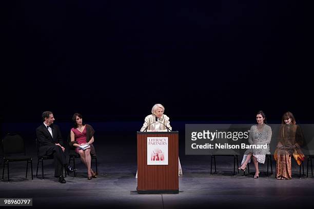 David Finkel, Mary Karr, Liz Smith, Sara Gruen and Norris Church Mailer on stage at the Literacy Partners 26th annual Evening of Readings gala at the...