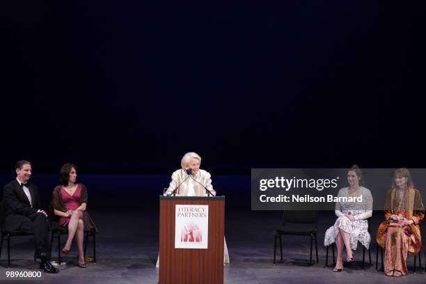 David Finkel, Mary Karr, Liz Smith, Sara Gruen and Norris Church Mailer speak on stage at the Literacy Partners 26th annual Evening of Readings gala...