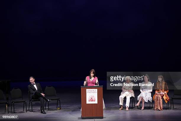 David Finkel, Mary Karr, Liz Smith, Sara Gruen, Norris Church Mailer speak on stage at the Literacy Partners 26th annual Evening of Readings gala at...
