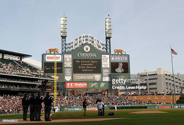 Jose Feliciano sings, "The Star Spangled Banner" in remembrance of former Detroit Tigers broadcaster Ernie Harwell prior to the start of the game...