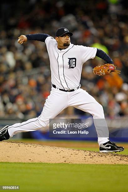 Joel Zumaya of the Detroit Tigers pitches in the eighth inning against the New York Yankees during the game on May 10, 2010 at Comerica Park in...