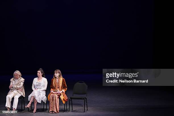 Liz Smith, Sara Gruen and Norris Church Mailer on stage at the Literacy Partners 26th annual Evening of Readings gala at the David H. Koch Theater,...