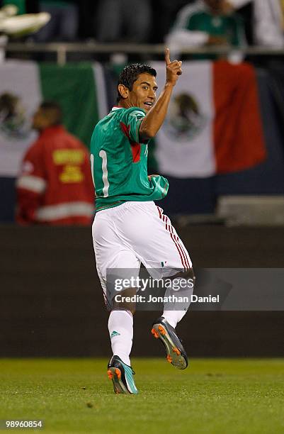 Alberto Medina of Mexico celebrates his game-winning goal against Senegal during an international friendly at Soldier Field on May 10, 2010 in...