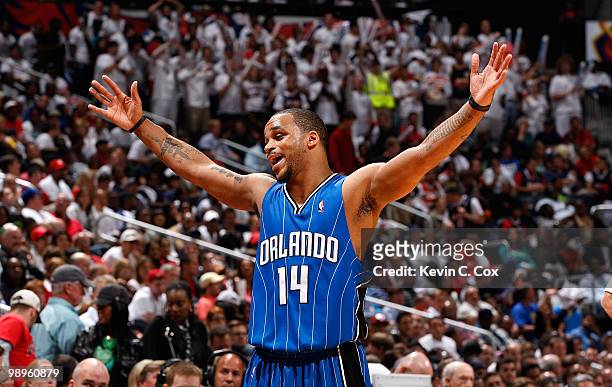 Jameer Nelson of the Orlando Magic reacts after being called for a foul against the Atlanta Hawks during Game Four of the Eastern Conference...