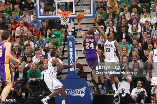 Wesley Matthews of the Utah Jazz attempts to block the shot of Kobe Bryant of the Los Angeles Lakers in Game Four of the Western Conference...