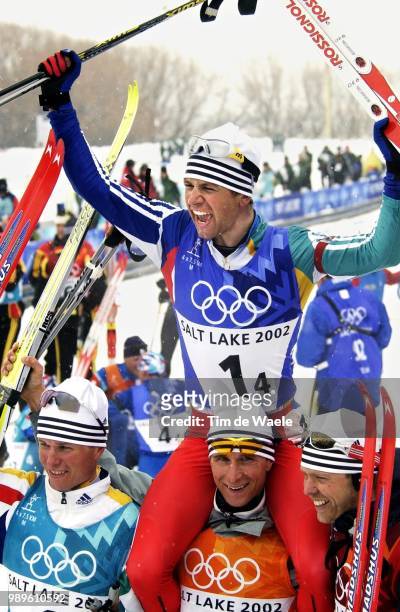 Winter Olympic Games : Salt Lake City, 2/20/02, Midway, Utah, United States --- Winning Norwegians In Men'S 4X7.5K Relay Biathlon Frode Andresen,...
