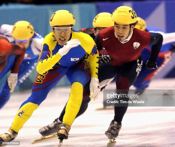 Winter Olympic Games : Salt Lake City, 2/20/02, Salt Lake City, Utah, United States --- Short Track Speed Skater Dong-Sung Kim Of Korea Crosses...