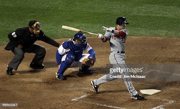 Adam Kennedy of the Washington Nationals follows through on his third inning home run against the New York Mets on May 10, 2010 at Citi Field in the...