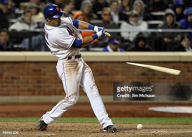 Angel Pagan of the New York Mets breaks his bat as he hits into a seventh inning fielders choice against the Washington Nationals on May 10, 2010 at...