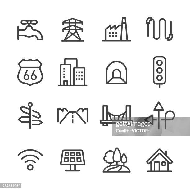 city construction icons set - line series - tunnel stock illustrations
