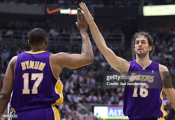 Pau Gasol and Andrew Bynum of the Los Angeles Lakers celebrate against of the Utah Jazz during Game Four of the Western Conference Semifinals of the...