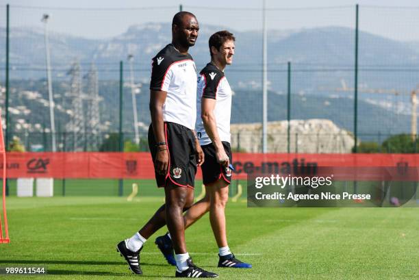 Patrick Vieira head coach of Nice and his assistant Matt Cook during the Training Session of OGC Nice on July 2, 2018 in Nice, France.