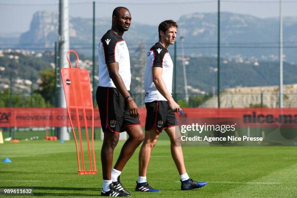 Patrick Vieira head coach of Nice and his assistant Matt Cook during the Training Session of OGC Nice on July 2, 2018 in Nice, France.