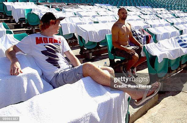 Gary Rohan and Rhyce Shaw of the Swans look on during a Sydney Swans training session at the Sydney Cricket Ground on May 11, 2010 in Sydney,...