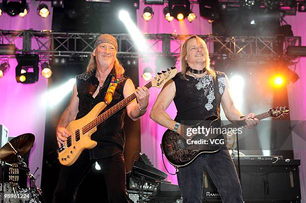 Roger Glover and Steven Morse of Deep Purple perform on stage at Asia World-Expo on May 10, 2010 in Hong Kong, China.