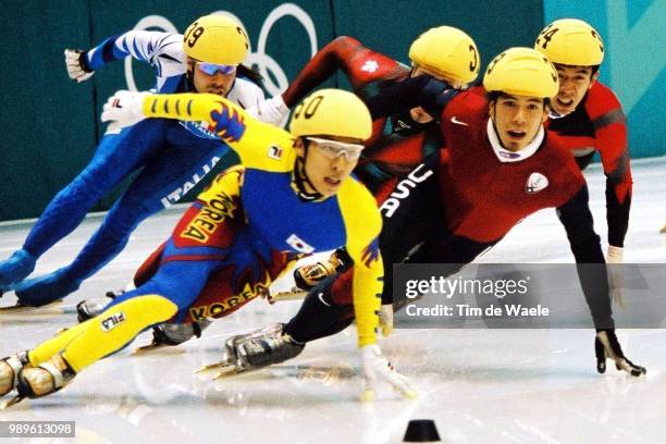 Winter Olympic Games : Salt Lake City, 2/20/02, Salt Lake City, Utah, United States --- Short Track Speed Skater Dong-Sung Kim Of Korea Leads Us...