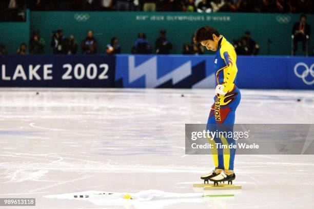 Winter Olympic Games : Salt Lake City, 2/20/02, Salt Lake City, Utah, United States --- Short Track Speed Skater Dong-Sung Kim Of Korea Hangs His...