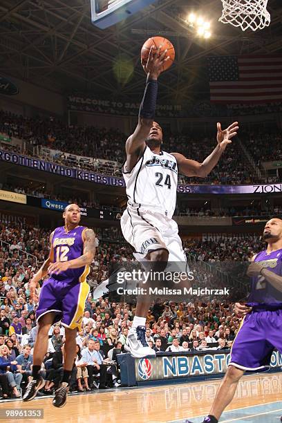 Paul Millsap of the Utah Jazz lays the ball up against the Los Angeles Lakers in Game Four of the Western Conference Semifinals during the 2010 NBA...