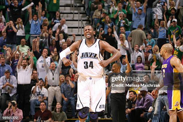 Miles of the Utah Jazz celebrates a shot in a game against the Los Angeles Lakers in Game Four of the Western Conference Semifinals during the 2010...