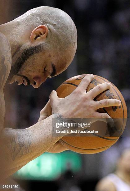 Carlos Boozer of the Utah Jazz reacts to a call against the Los Angeles Lakers during Game Four of the Western Conference Semifinals of the 2010 NBA...