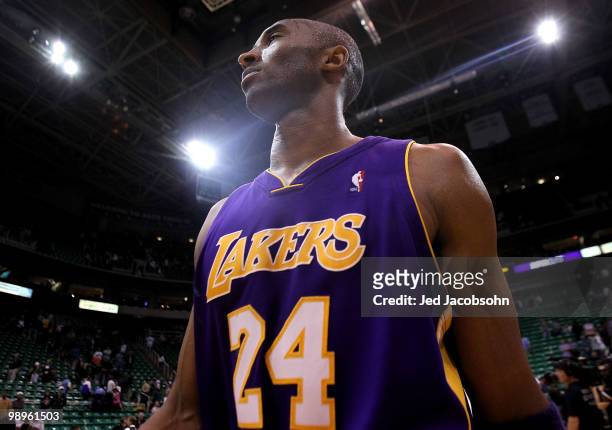 Kobe Bryant of the Los Angeles Lakers looks on after defeating the Utah Jazz after Game Four of the Western Conference Semifinals of the 2010 NBA...