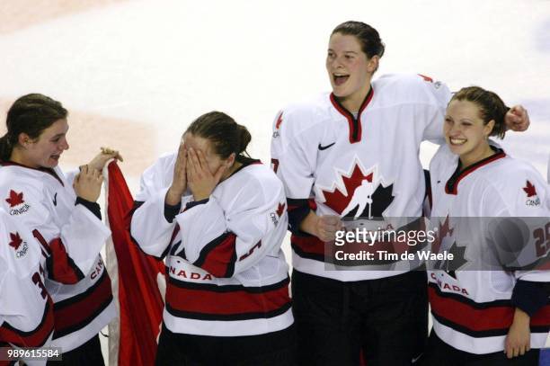 Winter Olympic Games : Salt Lake City, 2/21/02, West Valley City, Utah, United States --- Surrounded By Other Members Of Canada Women'S Hockey Team,...