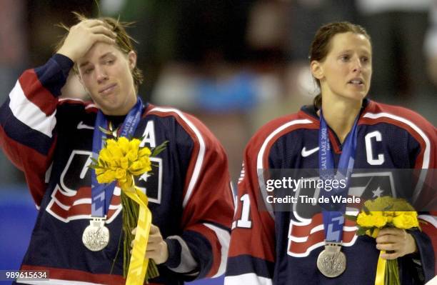 Winter Olympic Games : Salt Lake City, 2/21/02, West Valley City, Utah, United States --- Usa'S Karyn Bye And Teammate Cammi Granato Have A Hard Time...