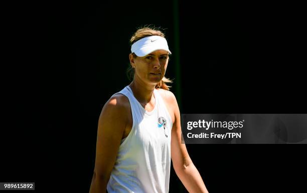 Maria Sharapova of Russia during a practice session before the start of the Championships at the All England Lawn Tennis and Croquet Club in...