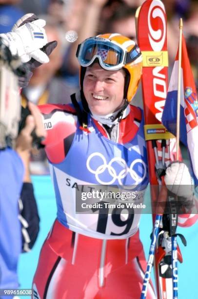 Winter Olympic Games : Salt Lake City, 02/22/02, Park City, Utah, United States --- Janica Kostelic Of Croatia Celebrates After Winning The Gold...