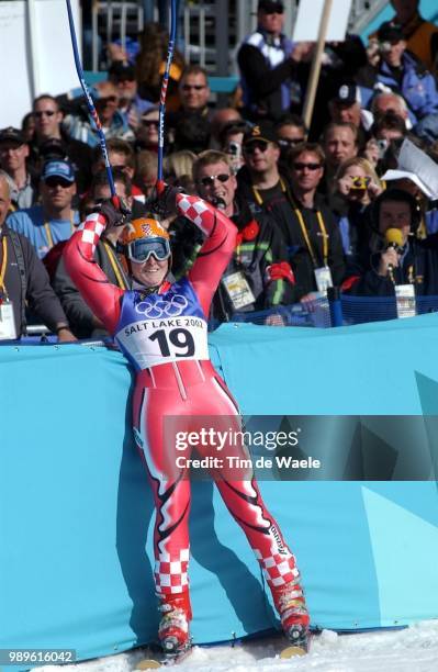 Winter Olympic Games : Salt Lake City, 02/22/02, Park City, Utah, United States --- Janica Kostelic Of Croatia Celebrates After A Run In The Ladies'...