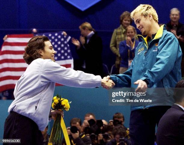 Winter Olympic Games : Salt Lake City, 2/16/02, Salt Lake City, Utah, United States --- Usa'S Bronze Medalist Apolo Anton Ohno Congratulates Gold...
