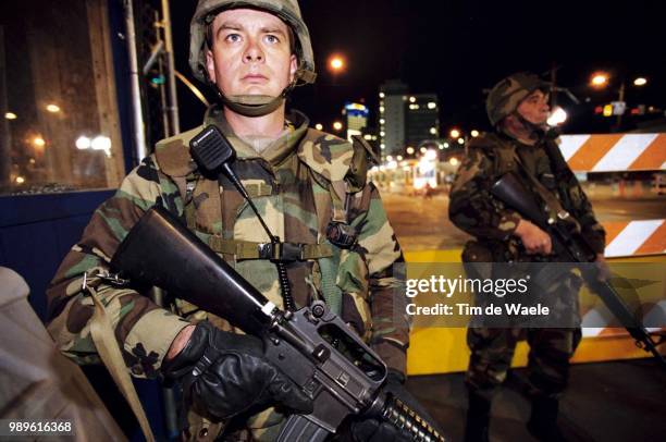 Winter Olympic Games : Salt Lake City, 2/19/02, Salt Lake City, Utah, United States --- National Guards On The Watch Near Little America Hotel Where...