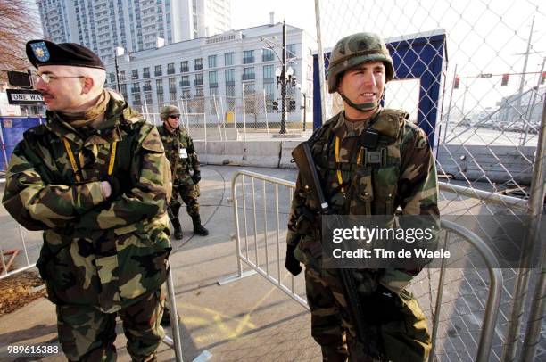 Winter Olympic Games : Salt Lake City, 2/20/02, Salt Lake City, Utah, United States --- National Guards On The Watch Near Little America Hotel Where...