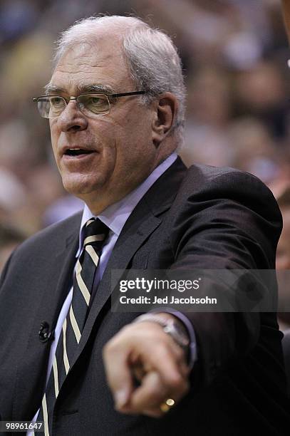 Head coach Phil Jackson of the Los Angeles Lakers looks on against the Utah Jazz during Game Four of the Western Conference Semifinals of the 2010...