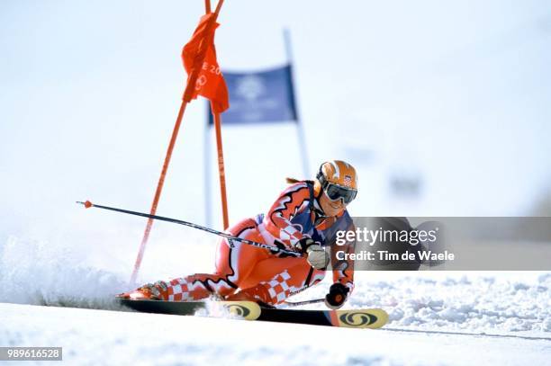 Winter Olympic Games : Salt Lake City, 02/22/02, Park City, Utah, United States --- Janica Kostelic Of Croatia Rounds A Gate In The Ladies' Giant...
