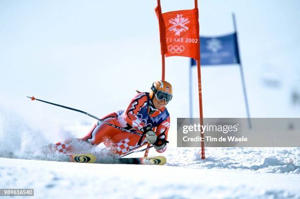 Winter Olympic Games : Salt Lake City, 02/22/02, Park City, Utah, United States --- Janica Kostelic Of Croatia Rounds A Gate In The Ladies' Giant...