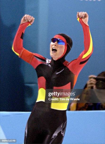 Winter Olympic Games : Salt Lake City, 02/23/02, Kearns, Utah, United States --- Claudia Pechstein Of Germany Celebrates After Setting A World Record...